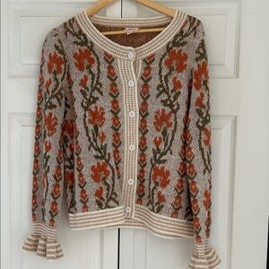 Floral Knit Button-Up Sweater - Orange and Green